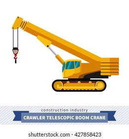 Crawler telescopic boom crane. Side view mobile crane isolated vector illustration