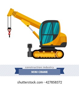 Crawler telescopic boom mini crane. Side view mobile compact crane isolated vector illustration