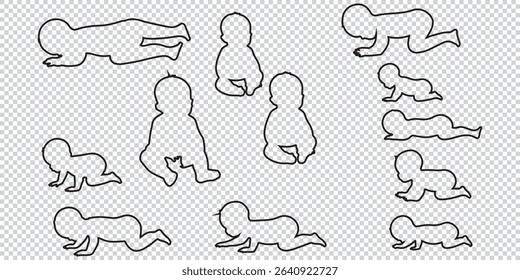 Crawling babies silhouettes vector illustration. Infants in different positions from side view EPS 10