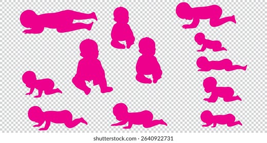 Crawling babies silhouettes vector illustration. Infants in different positions from side view EPS 10
