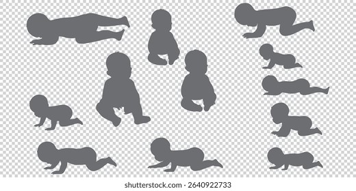 Crawling babies silhouettes vector illustration. Infants in different positions from side view EPS 10