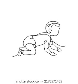 Crawling baby boy drawn with continuous one line. Minimalist style vector illustration in white background.