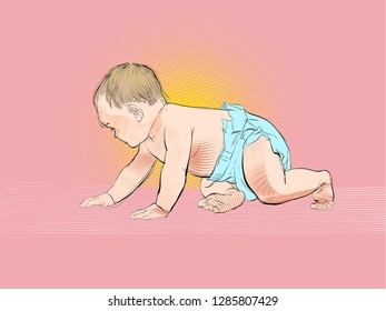 Crawling baby. Cartoon Baby learning to crawl