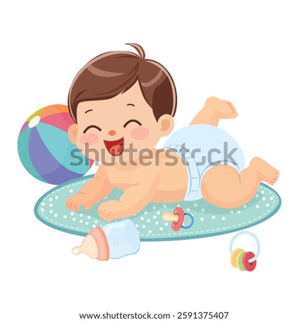 Crawling baby vector in flat design. An adorable baby with short brown hair is crawling on a soft play mat, smiling joyfully. Crawling baby clipart in cartoon style. Baby shower.