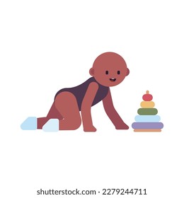 Ilustración del vector de bebé. Carácter plano - Niño negro de 6 meses con juguete piramidal. Infancia, evolución, desarrollo, progreso, hitos del primer año.