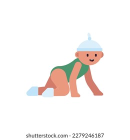 Crawling baby vector illustration. Flat character - 6 months old baby moving. Childhood, evolution, development, progress, first year milestones.