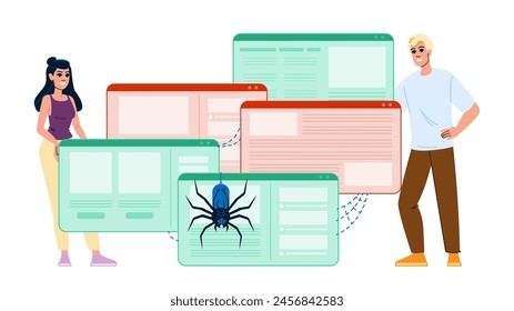 crawling budget vector. ranking content, strategy analysis, performance audit crawling budget character. people flat cartoon illustration