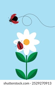 Crawling and Flying Ladybugs on a Flower Flat Style. Nature, insects and flowers concept vector