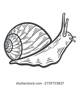A crawling garden snail in a shell, slimy slug with antennae, engraving isolated
