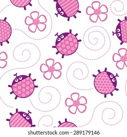Crawling ladybugs and flowers pink seamless vector pattern.