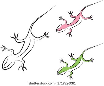 Un lagarto arrastrándose. Ilustración vectorial multicolor y blanco y negro