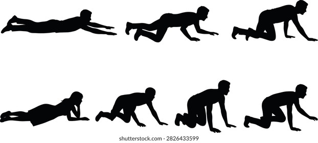 Crawling and lying people silhouette vector set, person crawling pose illustration