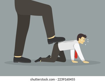 Crawling manager or businessman tramped by big foot. Close-up of feet on tired and sweaty male worker . Flat vector illustration template.