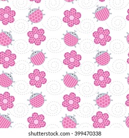 Crawling pink ladybugs and flowers seamless vector pattern.
