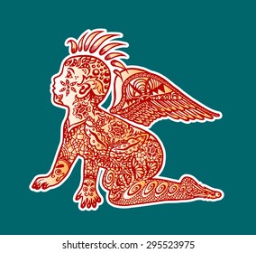Crawling punk baby with punk rock hair style, tattoo and wings.