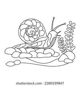 Un caracol arrastrándose. Página de libro de colorear para niños. Ilustración del vector Doodle.