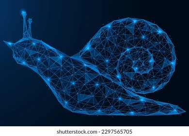 Crawling snail. Polygonal design of interconnected lines and points. Blue background.