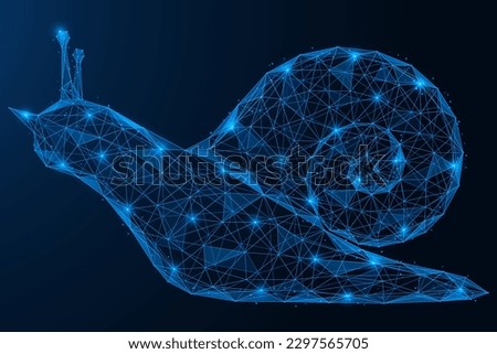 Crawling snail. Polygonal design of interconnected lines and points. Blue background.
