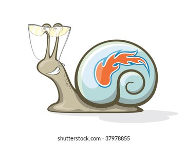 crawling snail with yellow glasses and fire tattoo