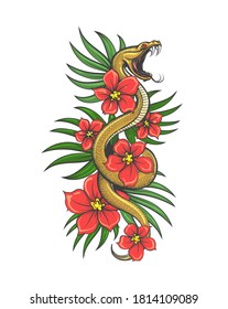 Crawling Snake with flowers and grass Leaves. Hand drawn illustration in tattoo Style. Vector illustration.