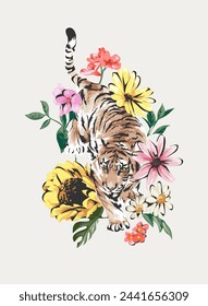 crawling tiger in colorful flowers garden hand drawn graphic vector illustration