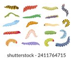 crawling worms. caterpillars grasshopper collection biology, ecology concept, cartoon funny fantasy fairy tale worms, wriggling. vector cartoon flat insects set.