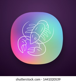 Crayfish app icon. Underwater sea animals, lobster. Healthy nutrition. Vitamin, diet. Seafood restaurant. Food delicacy. UI/UX user interface. Web or mobile application. Vector isolated illustration