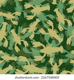 Crayfish army pattern seamless. Sea animal with claws Military texture for hunters and soldiers