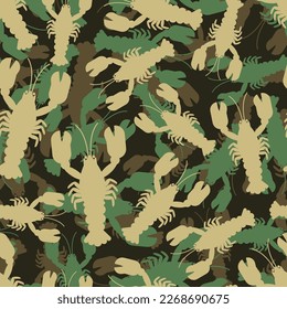 Crayfish army pattern seamless. Sea animal with claws Military texture for hunters and soldiers