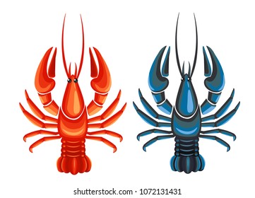 crayfish blue and red isolated on white background.