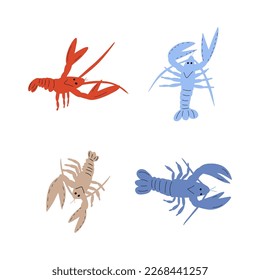 Crayfish Character sea animal on deep background. Wild life illustration. Underwear world. Vector illustration.
