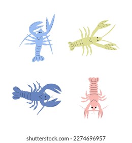Crayfish Character sea animal on deep background. Wild life illustration. Underwear world. Vector illustration.