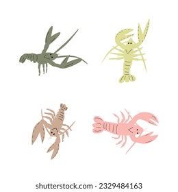 Crayfish Character sea animal on deep background. Wild life illustration. Underwear world. Vector illustration.