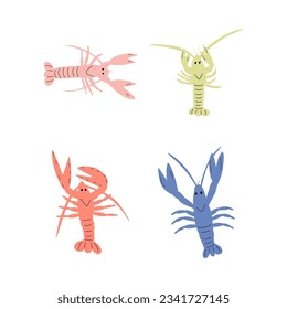 Crayfish Character sea animal on deep background. Wild life illustration. Underwear world. Vector illustration.