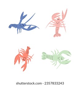Crayfish Character sea animal on deep background. Wild life illustration. Underwear world. Vector illustration.