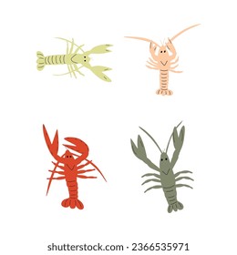 Crayfish Character sea animal on deep background. Wild life illustration. Underwear world. Vector illustration.