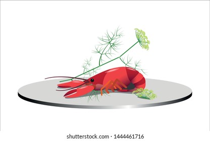 Crayfish with dill Crown herb, a typical Swedish dish in August. Vector Illustration