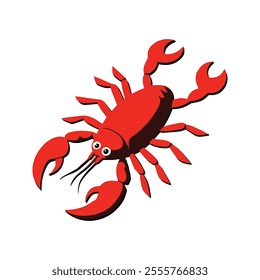 Crayfish Flat Vector Illustration, Simple Stylized Design, Reddish-Brown Body, Exaggerated Claws, Minimalist Look, Clean Lines, White Background