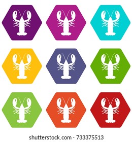 Crayfish icon set many color hexahedron isolated on white vector illustration