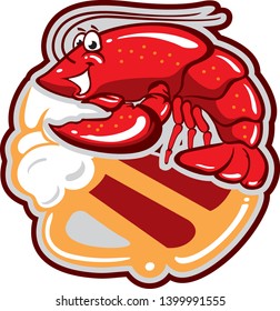 crayfish, lobster and a beer. Sea food. Logo, Sticker character vector illustration