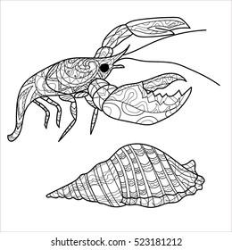 crayfish, lobster pattern, coloring book, page, vector, set
