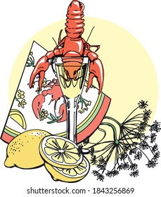 Crayfish Party Color Drawing Vector