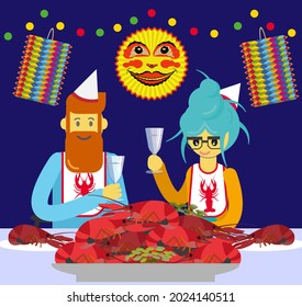 Crayfish party, a swedish August tradition. People cheers and raising glass. Moon lantern and colorful light bulb decoration.