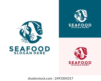Crayfish Prawn Shrimp Lobster combination with Fish, Seafood Restaurant logo vector template