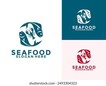 Crayfish Prawn Shrimp Lobster combination with Fish, Seafood Restaurant logo vector template