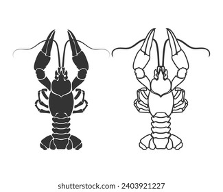 Crayfish silhouette line icon set in flat. Isolated crayfish on white background