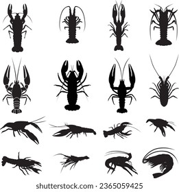 Crayfish silhouettes. Sea fish vector silhouette. 