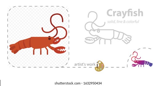 Crayfish Vector Flat Illustration, Solid, Line Icon
