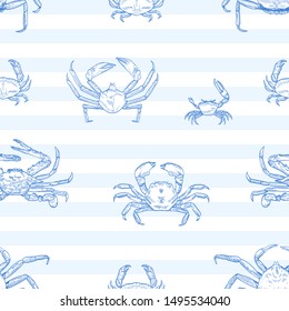 Crayfish vector seamless pattern. Sea animals, marine crabs on striped background. Restaurant seafood menu. Delicacy food, ocean creature with pincers wrapping paper, wallpaper textile design
