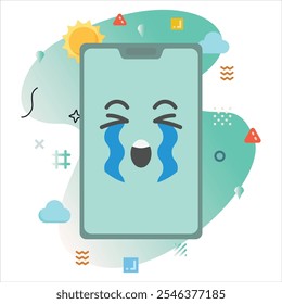 Craying Startled Emoji on a Smartphone Screen: Modern Illustration Design with a Creative Touch of Colorful Geometric Elements | Craying Startled Emoji Icon Design on Smartphone Screen